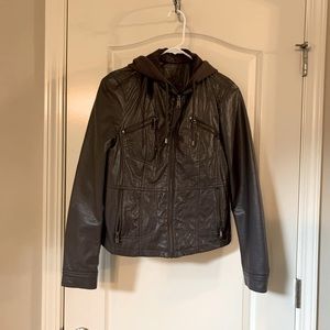 Gray faux leather jacket with removable knit hood